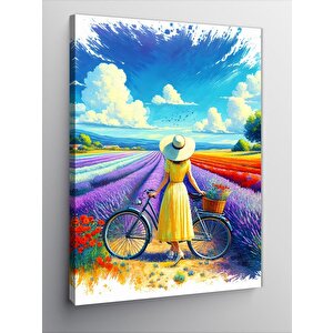 Kanvas Tablo Lavanta Tarlası Ve Bisikletli Kadın 50x70 cm