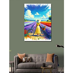 Kanvas Tablo Lavanta Tarlası Ve Bisikletli Kadın 100x140 cm