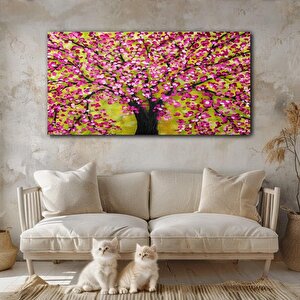 Pembe Çiçekli Ağaç Yağlı Boya Dokulu Tablo Çerçevesiz 90x120 cm