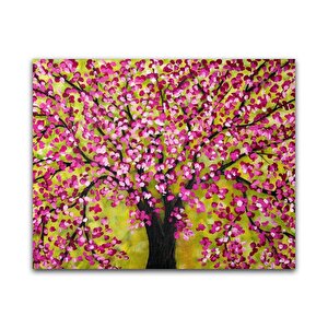 Pembe Çiçekli Ağaç Yağlı Boya Dokulu Tablo Çerçevesiz 90x120 cm