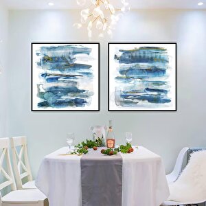 Mavi Beyaz İkili Set Yağlı Boya Dokulu Tablo Siyah Çerçeve 120x120 cm