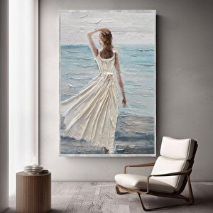 Beyaz Elbiseli Kadın Yağlı Boya Dokulu Tablo Gümüş Çerçeve 75x100 cm