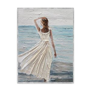 Beyaz Elbiseli Kadın Yağlı Boya Dokulu Tablo Gümüş Çerçeve 75x100 cm