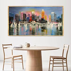Soyut Şehir Manzarası Yağlı Boya Dokulu Tablo Gold Çerçeve 100x150 cm