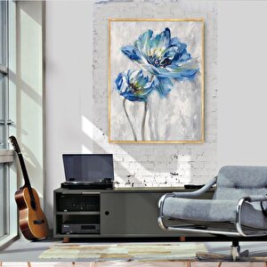 Mavi Çiçek Yağlı Boya Dokulu Tablo Gold Çerçeve 60x90 cm