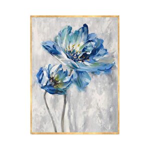 Mavi Çiçek Yağlı Boya Dokulu Tablo Gold Çerçeve 60x90 cm