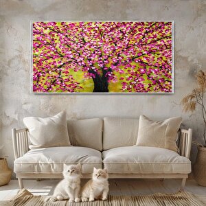 Pembe Çiçekli Ağaç Yağlı Boya Dokulu Tablo Gümüş Çerçeve 50x70 cm