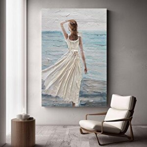 Beyaz Elbiseli Kadın Yağlı Boya Dokulu Tablo Çerçevesiz 75x100 cm