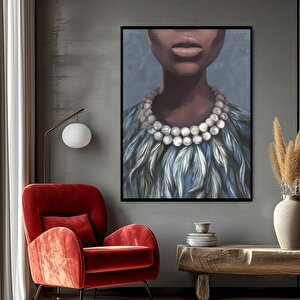 İnci Kolyeli Kadın Yağlı Boya Dokulu Tablo Siyah Çerçeve 75x100 cm