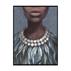 İnci Kolyeli Kadın Yağlı Boya Dokulu Tablo Siyah Çerçeve 75x100 cm
