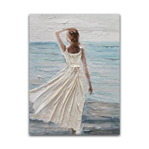 Beyaz Elbiseli Kadın Yağlı Boya Dokulu Tablo Çerçevesiz 90x120 cm