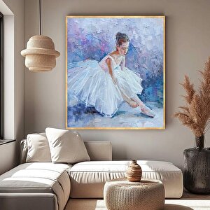 White Ballerina Yağlı Boya Dokulu Tablo Gold Çerçeve 80x80 cm