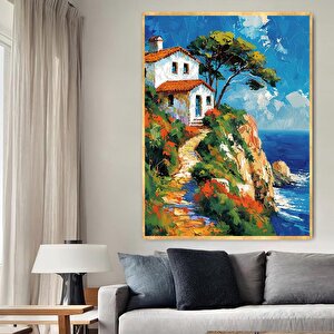 Tepedeki Ev Yağlı Boya Dokulu Tablo Gold Çerçeve 50x70 cm