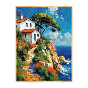 Tepedeki Ev Yağlı Boya Dokulu Tablo Gold Çerçeve 50x70 cm