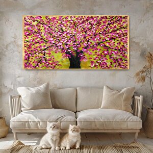 Pembe Çiçekli Ağaç Yağlı Boya Dokulu Tablo Gold Çerçeve 75x100 cm