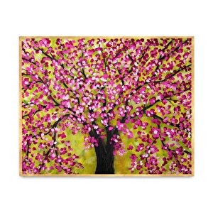 Pembe Çiçekli Ağaç Yağlı Boya Dokulu Tablo Gold Çerçeve 75x100 cm