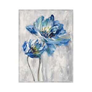 Mavi Çiçek Yağlı Boya Dokulu Tablo Gümüş Çerçeve 100x150 cm