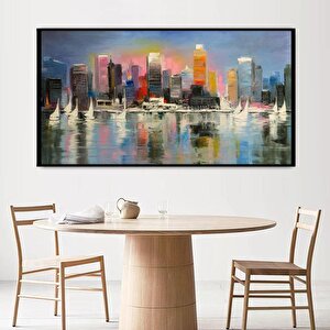 Soyut Şehir Manzarası Yağlı Boya Dokulu Tablo Siyah Çerçeve 75x100 cm