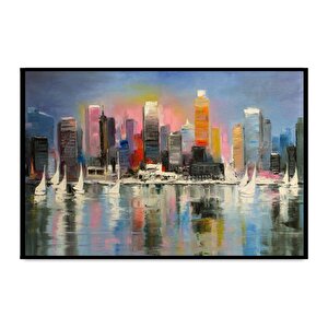 Soyut Şehir Manzarası Yağlı Boya Dokulu Tablo Siyah Çerçeve 75x100 cm