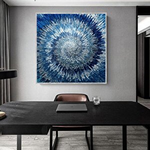 Abstract Blue Yağlı Boya Dokulu Tablo Gümüş Çerçeve 80x80 cm