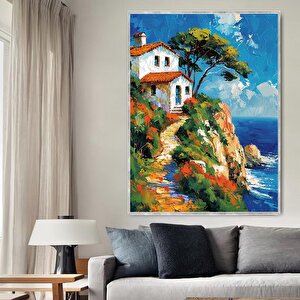 Tepedeki Ev Yağlı Boya Dokulu Tablo Gümüş Çerçeve 90x120 cm