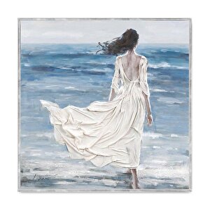 Woman In White Dress Yağlı Boya Dokulu Tablo Gümüş Çerçeve 80x80 cm