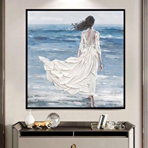 Woman In White Dress Yağlı Boya Dokulu Tablo Siyah Çerçeve 100x100 cm