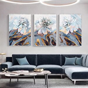 Beyaz Çiçekler Üçlü Set Yağlı Boya Dokulu Tablo Gümüş Çerçeve 75x100 cm