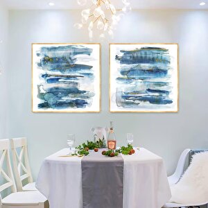 Mavi Beyaz İkili Set Yağlı Boya Dokulu Tablo Gold Çerçeve 80x80 cm