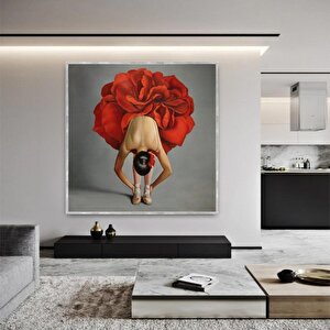 Red Ballerina Yağlı Boya Dokulu Tablo Gümüş Çerçeve 100x100 cm
