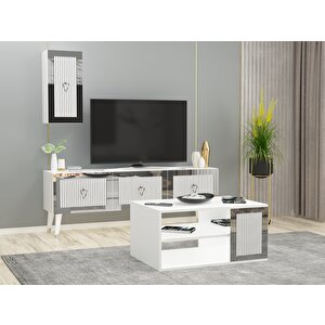 Baredh Lazer Desenli̇ 90 Cm Orta Sehpa Beyaz Gümüş Beyaz