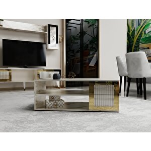 Baredh Lazer Desenli̇ 90 Cm Orta Sehpa Efesmermer Altin Krem