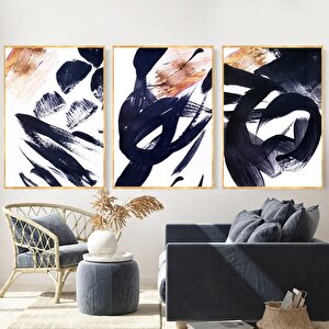 Navy Üçlü Set Yağlı Boya Dokulu Tablo Gold Çerçeve 50x70 cm