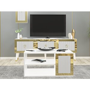Baredh Lazer Desenli̇ 90 Cm Orta Sehpa Beyaz Altin Bej