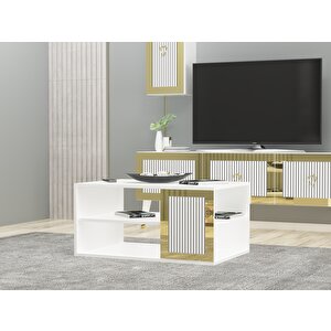 Baredh Lazer Desenli̇ 90 Cm Orta Sehpa Beyaz Altin Bej