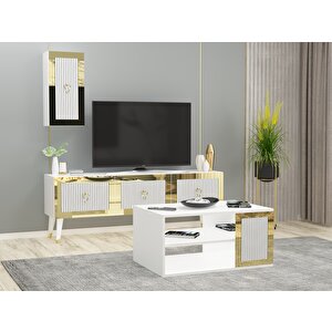 Baredh Lazer Desenli̇ 90 Cm Orta Sehpa Beyaz Altin Bej