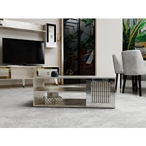 Baredh Lazer Desenli̇ 90 Cm Orta Sehpa Efesmermer Gümüş Ekru
