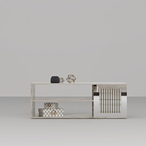 Baredh Lazer Desenli̇ 90 Cm Orta Sehpa Efesmermer Gümüş Ekru