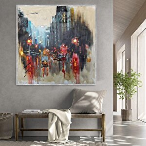 Şehir Yağlı Boya Dokulu Tablo Gümüş Çerçeve 100x100 cm
