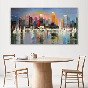 Soyut Şehir Manzarası Yağlı Boya Dokulu Tablo Gümüş Çerçeve 90x120 cm