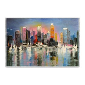 Soyut Şehir Manzarası Yağlı Boya Dokulu Tablo Gümüş Çerçeve 90x120 cm