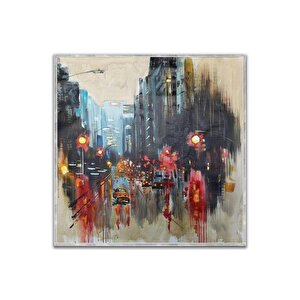 Şehir Yağlı Boya Dokulu Tablo Gümüş Çerçeve 120x120 cm
