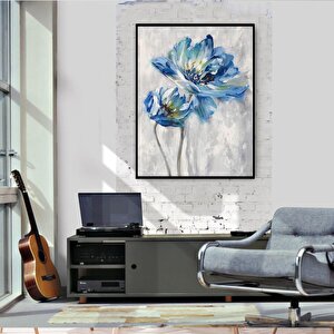 Mavi Çiçek Yağlı Boya Dokulu Tablo Siyah Çerçeve 60x90 cm