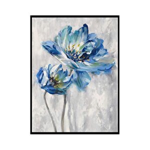 Mavi Çiçek Yağlı Boya Dokulu Tablo Siyah Çerçeve 60x90 cm