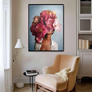 Pembe Çiçekli Kadın Yağlı Boya Dokulu Tablo Siyah Çerçeve 100x150 cm
