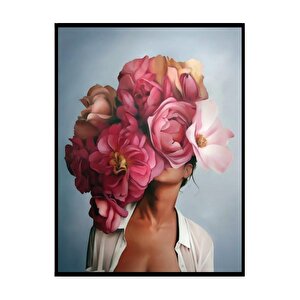 Pembe Çiçekli Kadın Yağlı Boya Dokulu Tablo Siyah Çerçeve 100x150 cm
