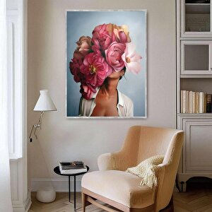 Pembe Çiçekli Kadın Yağlı Boya Dokulu Tablo Gümüş Çerçeve 50x70 cm