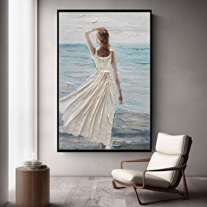 Beyaz Elbiseli Kadın Yağlı Boya Dokulu Tablo Siyah Çerçeve 75x100 cm