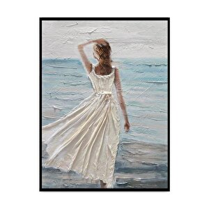 Beyaz Elbiseli Kadın Yağlı Boya Dokulu Tablo Siyah Çerçeve 75x100 cm