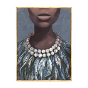 İnci Kolyeli Kadın Yağlı Boya Dokulu Tablo Gold Çerçeve 60x90 cm